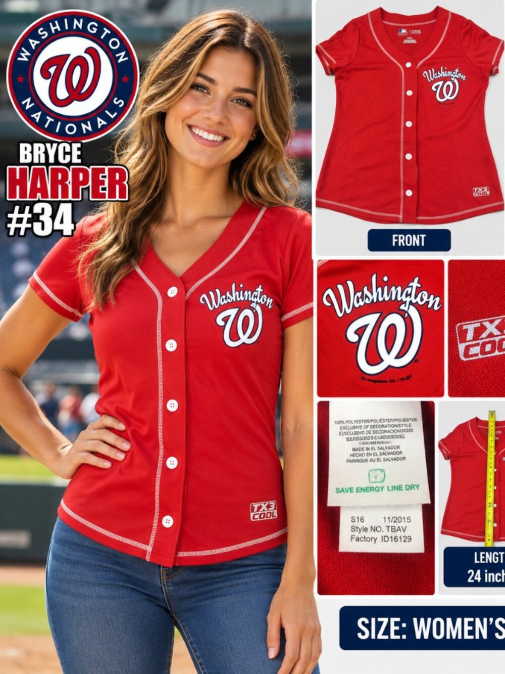 Washington Nationals Bryce Harper #34 Women’s Baseball Jersey – Size L